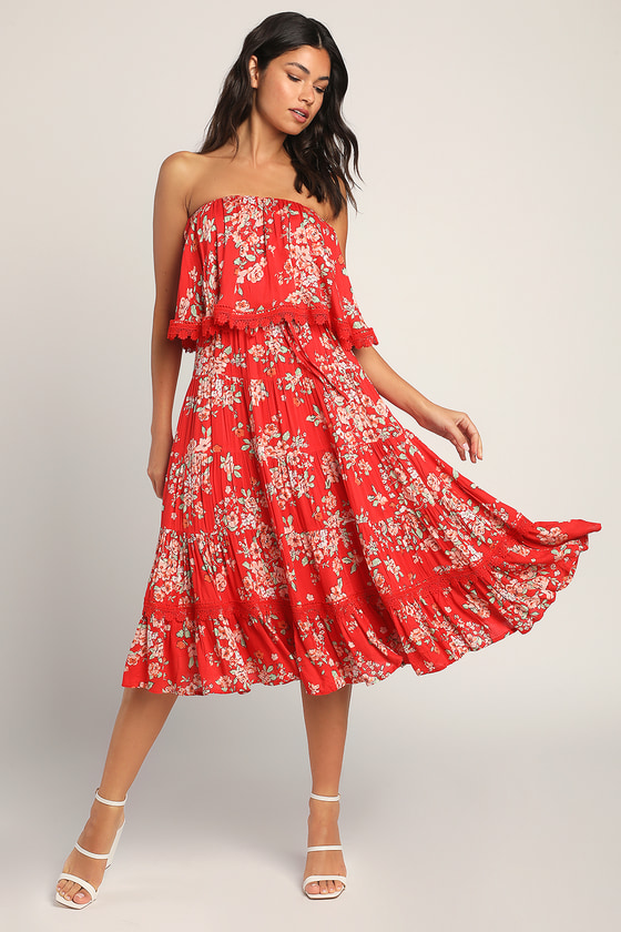 Red Floral Dress - Strapless Midi Dress ...